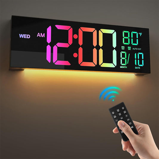 16.2" Large Digital Wall Clock with Remote Control, LED Display/Dual Alarm/8 RGB Colors/Auto Brightness/Date/Auto DST/Temperature/Night Light