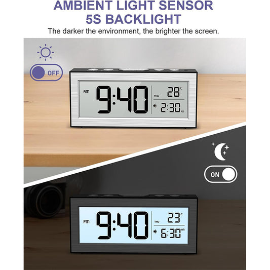 Battery Powered Travel Alarm Clock, Compact LCD Bedside Clock with Snooze, Auto Dimming, 12/24H Format, Temperature Display for Bedroom, Office