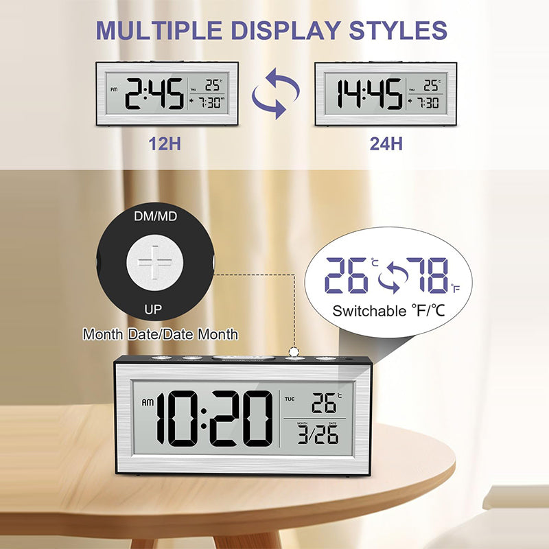 Battery Powered Travel Alarm Clock, Compact LCD Bedside Clock with Snooze, Auto Dimming, 12/24H Format, Temperature Display for Bedroom, Office, or Travel