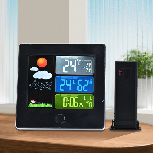 Wireless Weather Station Clock with Color Display – Indoor/Outdoor Temperature & Humidity, Forecast, Alarm & Snooze, 12/24H