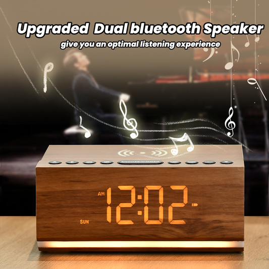 Digital Alarm Clock with Bluetooth, FM Radio, Wireless Charging & Night Light – Dual Alarms, USB Charging, Adjustable Brightness