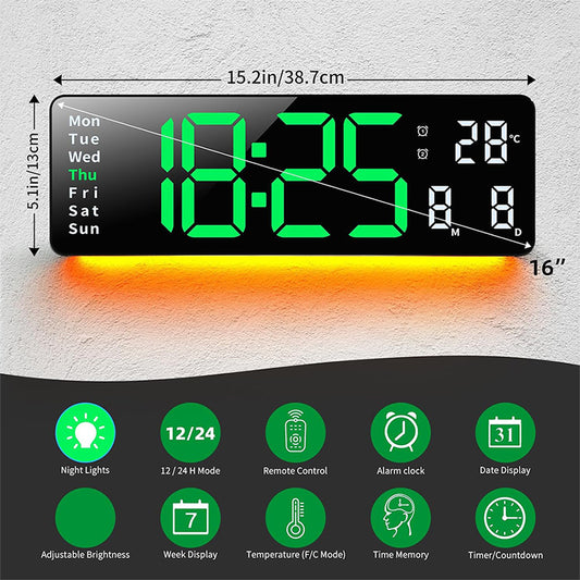 13" Digital Wall Clock with Remote Control, Large LED Display, Temperature/Time/Date, Dual Alarm, Auto-Dimming, USB Powered, 8 Ambient Colors