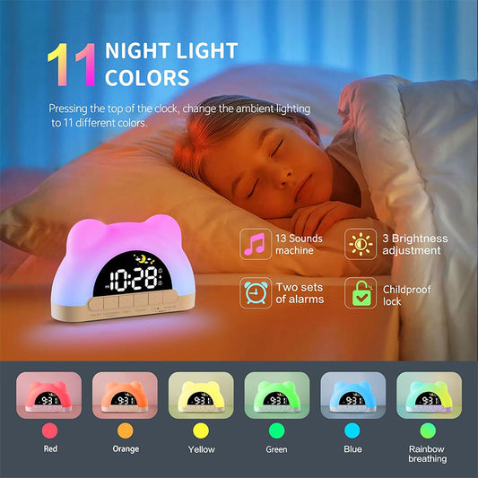 Kids Alarm Clock with Night Light, Sleep Training Clock for Toddlers, 12 Color Options, Sound Machine, Child Lock, Birthday Gift for Boys & Girls