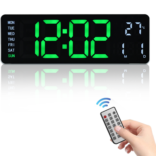 Large LED Digital Wall Clock with Remote Control – Dual Alarms, Adjustable Brightness, Temperature & Date Display, 12/24H
