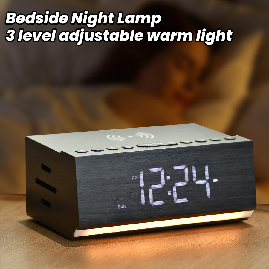 Digital Alarm Clock with Bluetooth, FM Radio, Wireless Charging & Night Light – Dual Alarms, USB Charging, Adjustable Brightness