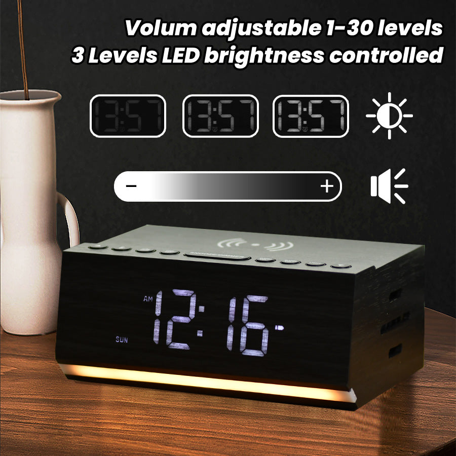 Digital Alarm Clock with Bluetooth, FM Radio, Wireless Charging & Night Light – Dual Alarms, USB Charging, Adjustable Brightness