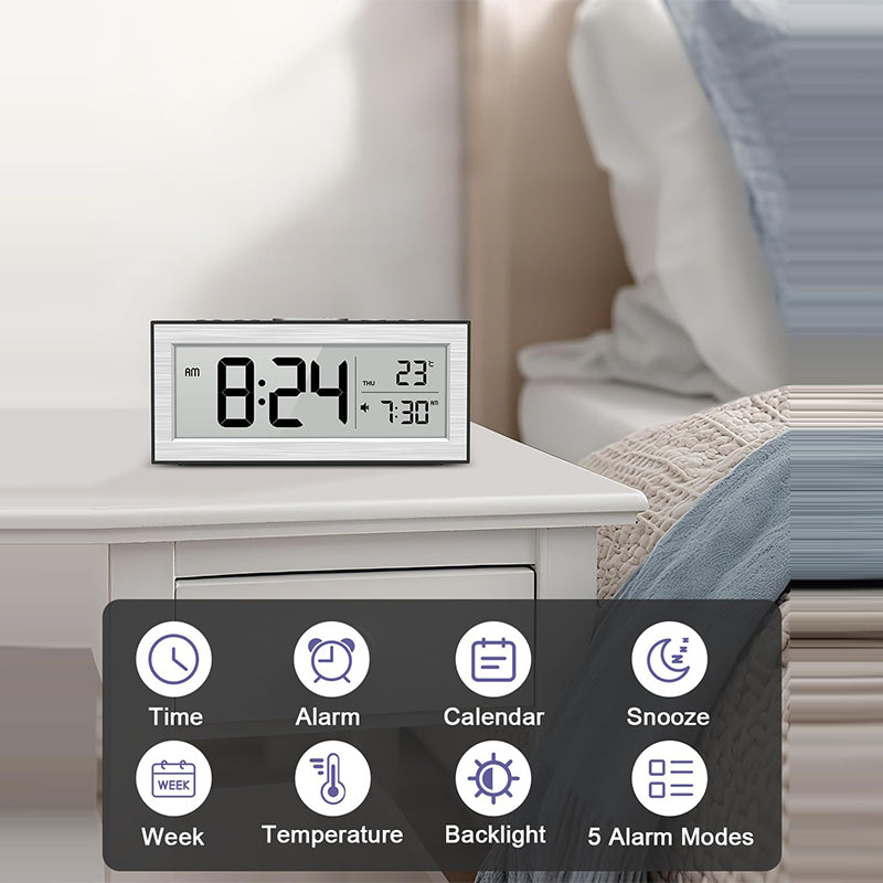 Battery Powered Travel Alarm Clock, Compact LCD Bedside Clock with Snooze, Auto Dimming, 12/24H Format, Temperature Display for Bedroom, Office, or Travel