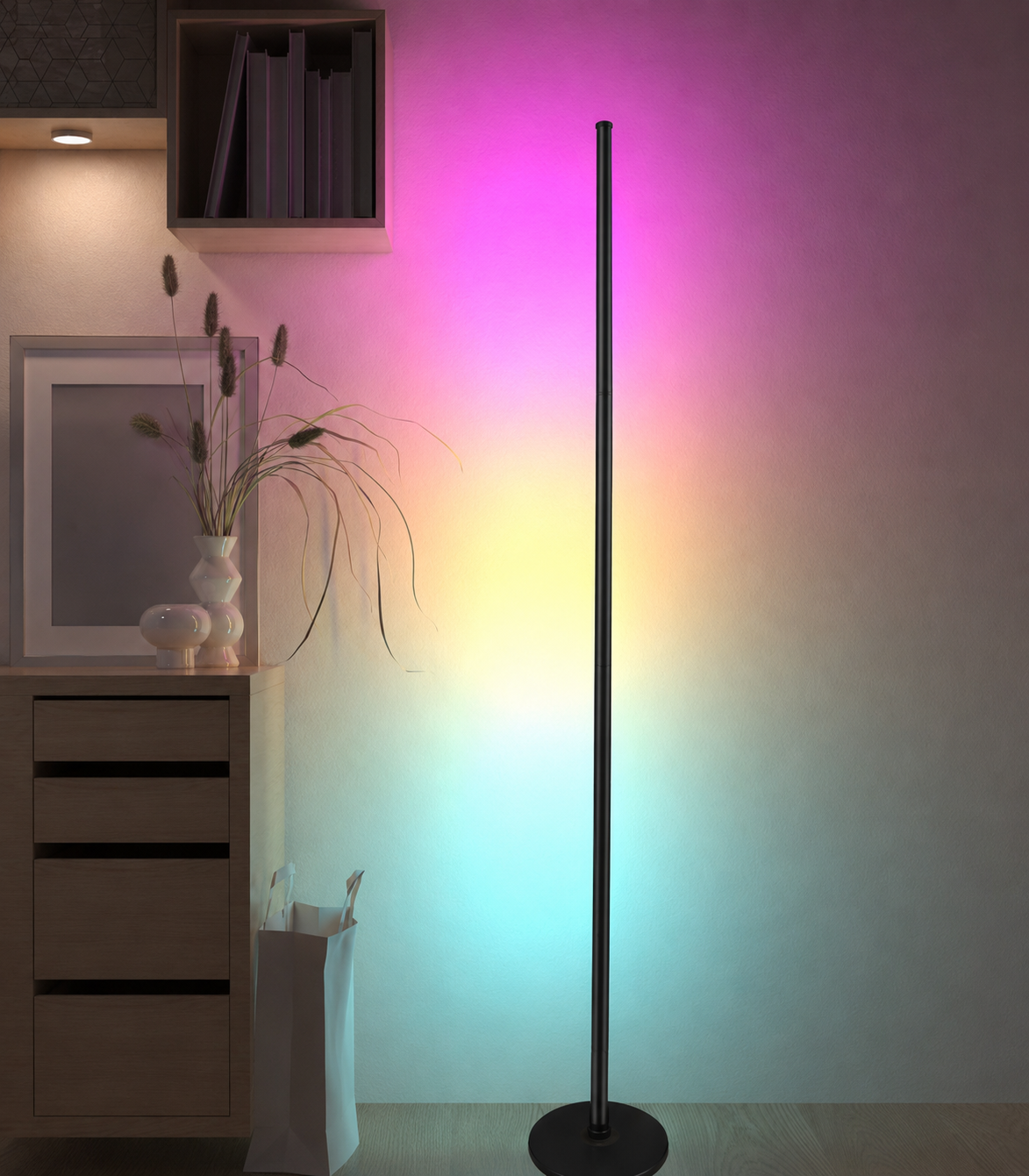 AIKSENT Smart LED corner floor lamp glowing beside a cozy reading chair in a modern living room