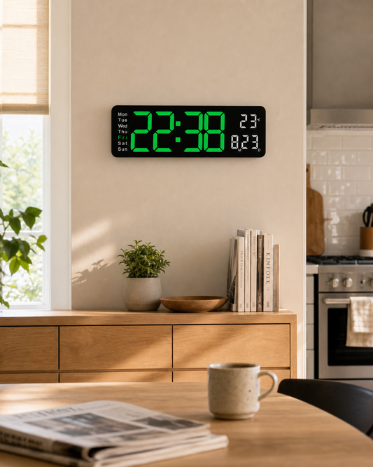 Warm modern kitchen with an AIKSENT 13-inch LED wall clock showing time, date, weekday and temperature above a wood console