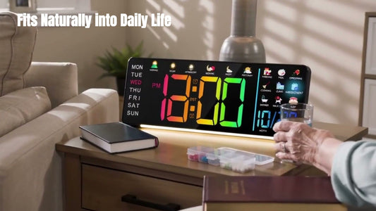 AIKSENT 16.2-inch RGB wall clock glowing on a living room sideboard in a warm everyday home scene