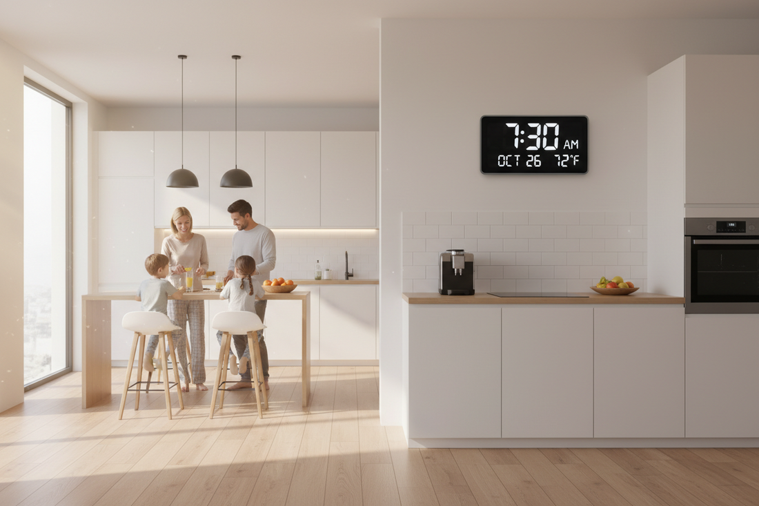 A bright modern family kitchen morning scene with a wall-mounted smart LED calendar clock showing time, date, and temperature for an organized routine.