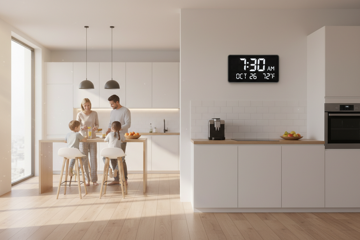 A bright modern family kitchen morning scene with a wall-mounted smart LED calendar clock showing time, date, and temperature for an organized routine.