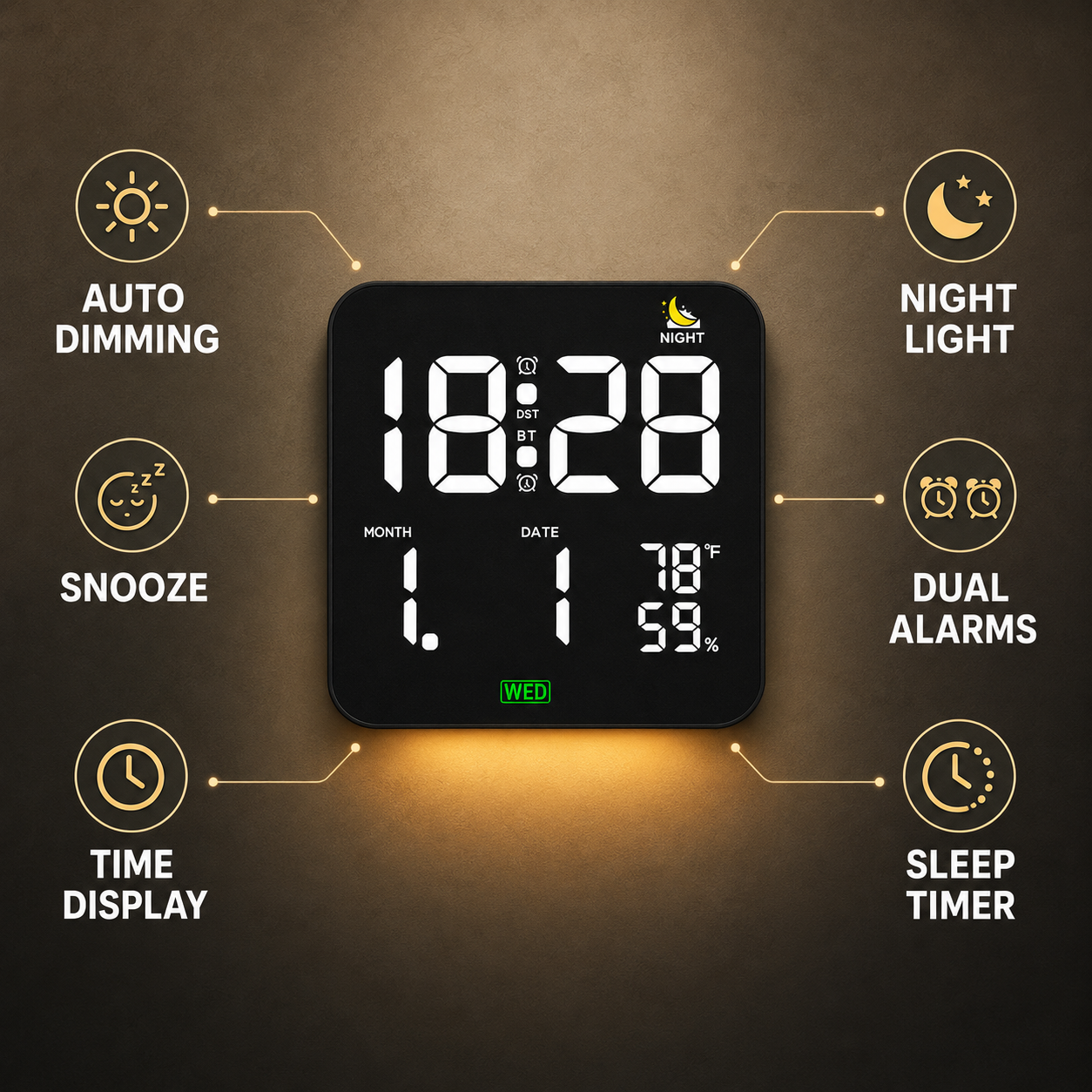 AIKSENT Large Square LED Wall Clock with Time Display, 2 Alarms, DST, Sleep Timer, Auto‑Dimmable Night Light, Indoor Temperature &Humidity Monitor, Ideal for Bedroom, Living Room and Office(USB powered,not battery).
