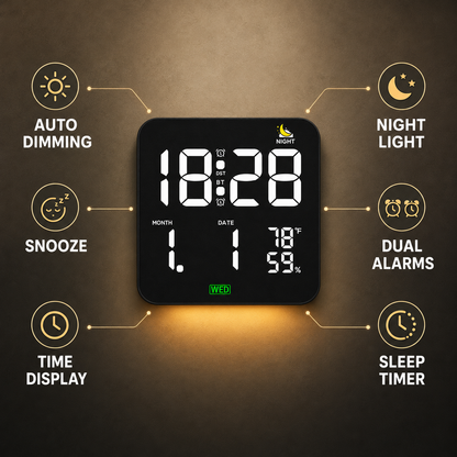 AIKSENT Large Square LED Wall Clock with Time Display, 2 Alarms, DST, Sleep Timer, Auto‑Dimmable Night Light, Indoor Temperature &Humidity Monitor, Ideal for Bedroom, Living Room and Office(USB powered,not battery).