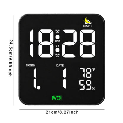 AIKSENT Large Square LED Wall Clock with Time Display, 2 Alarms, DST, Sleep Timer, Auto‑Dimmable Night Light, Indoor Temperature &Humidity Monitor, Ideal for Bedroom, Living Room and Office(USB powered,not battery).