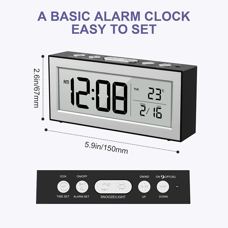 Battery Powered Travel Alarm Clock, Compact LCD Bedside Clock with Snooze, Auto Dimming, 12/24H Format, Temperature Display for Bedroom, Office, or Travel