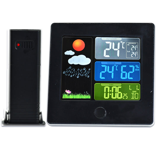 Wireless Weather Station Clock with Color Display – Indoor/Outdoor Temperature & Humidity, Forecast, Alarm & Snooze, 12/24H