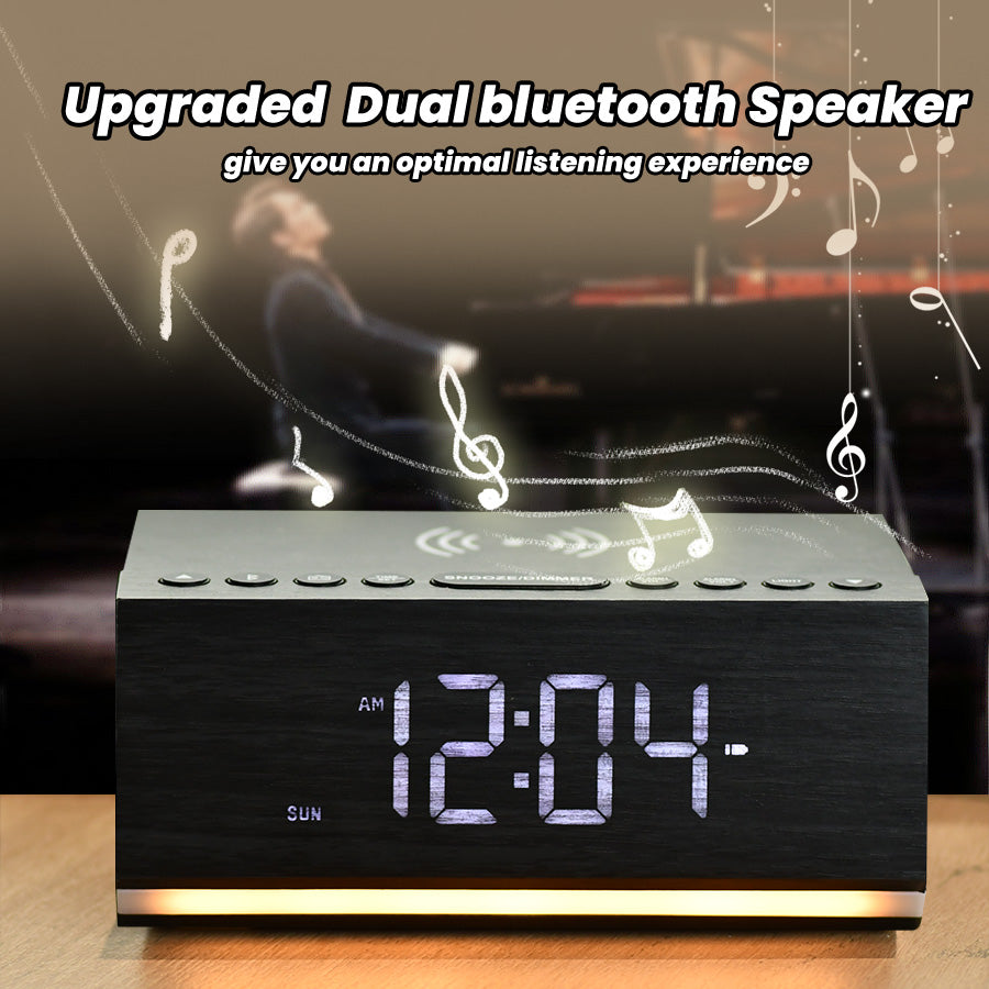 Digital Alarm Clock with Bluetooth, FM Radio, Wireless Charging & Night Light – Dual Alarms, USB Charging, Adjustable Brightness