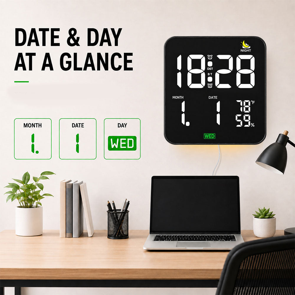 AIKSENT Large Square LED Wall Clock with Time Display, 2 Alarms, DST, Sleep Timer, Auto‑Dimmable Night Light, Indoor Temperature &Humidity Monitor, Ideal for Bedroom, Living Room and Office(USB powered,not battery).