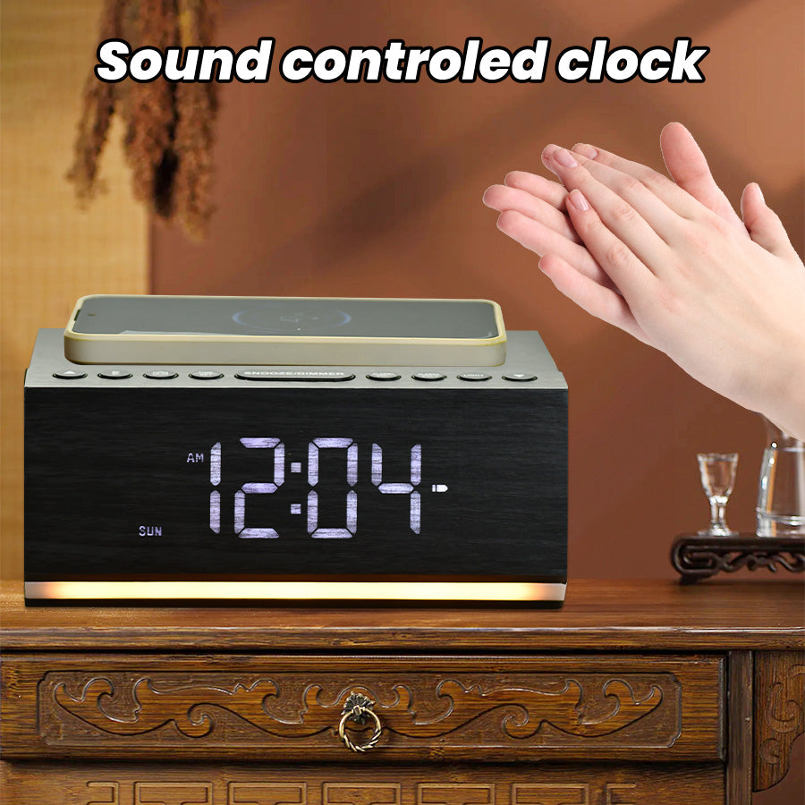 Digital Alarm Clock with Bluetooth, FM Radio, Wireless Charging & Night Light – Dual Alarms, USB Charging, Adjustable Brightness