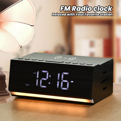 Digital Alarm Clock with Bluetooth, FM Radio, Wireless Charging & Night Light – Dual Alarms, USB Charging, Adjustable Brightness