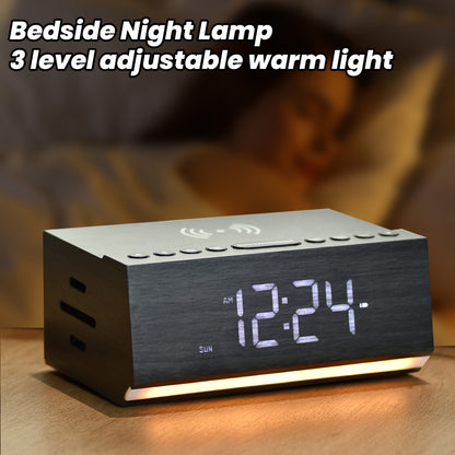 Digital Alarm Clock with Bluetooth, FM Radio, Wireless Charging & Night Light – Dual Alarms, USB Charging, Adjustable Brightness