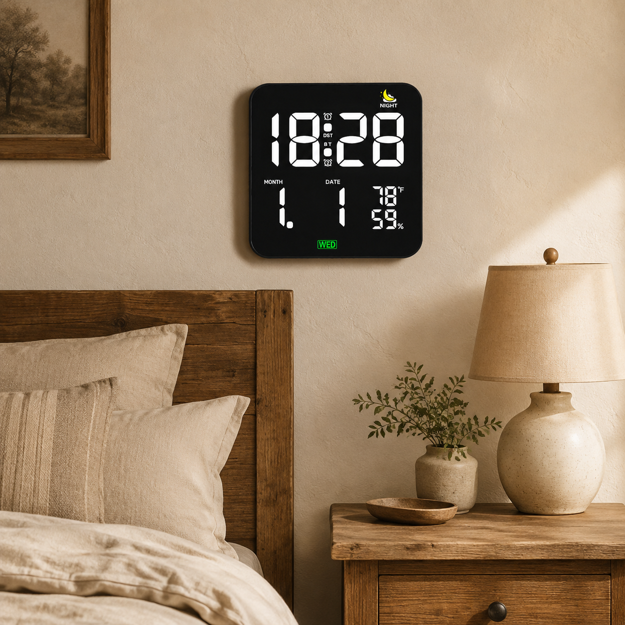 AIKSENT Large Square LED Wall Clock with Time Display, 2 Alarms, DST, Sleep Timer, Auto‑Dimmable Night Light, Indoor Temperature &Humidity Monitor, Ideal for Bedroom, Living Room and Office(USB powered,not battery).