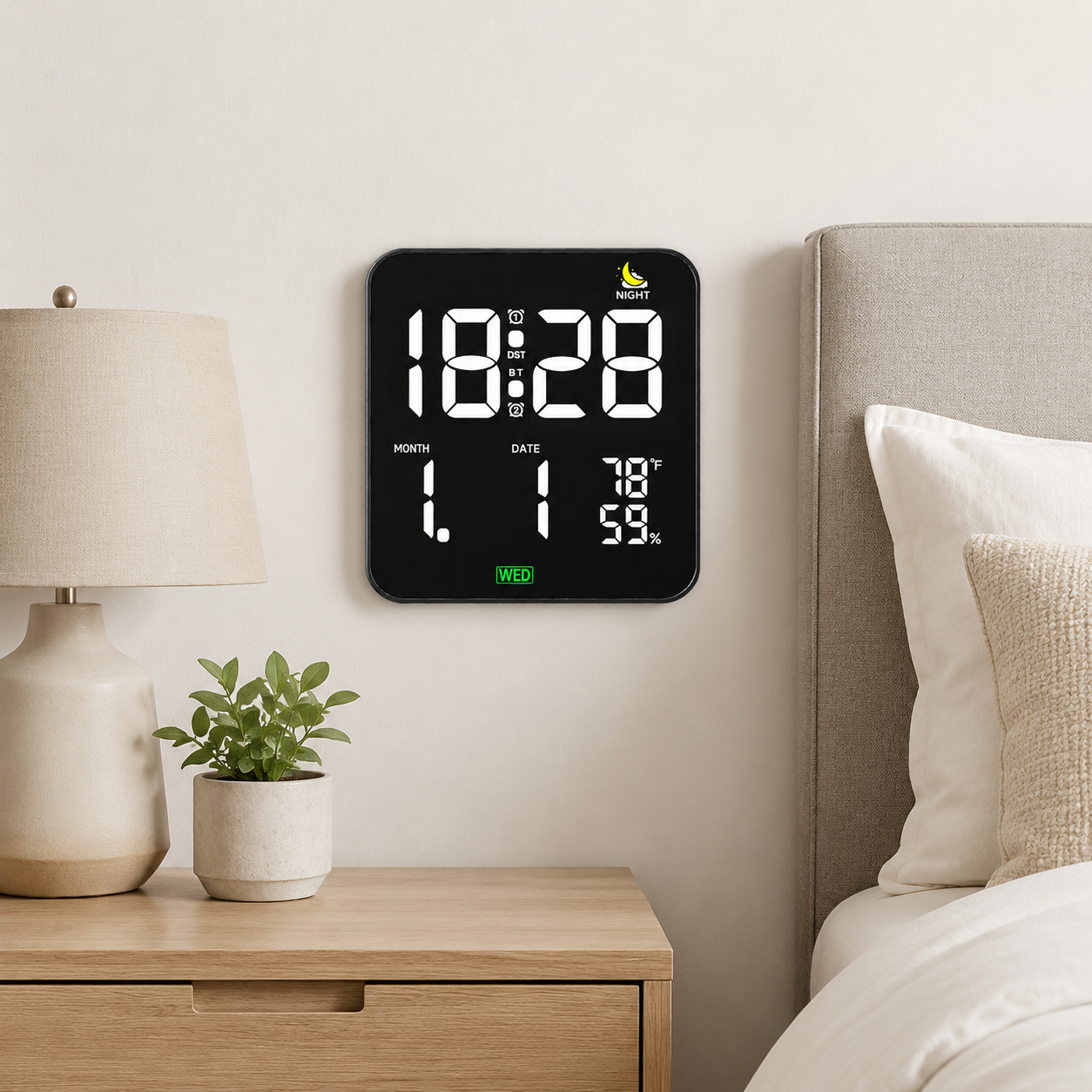 AIKSENT Large Square LED Wall Clock with Time Display, 2 Alarms, DST, Sleep Timer, Auto‑Dimmable Night Light, Indoor Temperature &Humidity Monitor, Ideal for Bedroom, Living Room and Office(USB powered,not battery).