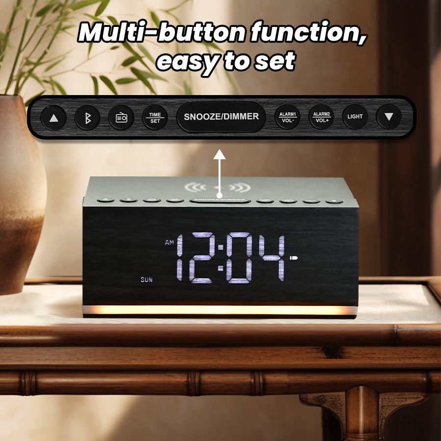 Digital Alarm Clock with Bluetooth, FM Radio, Wireless Charging & Night Light – Dual Alarms, USB Charging, Adjustable Brightness