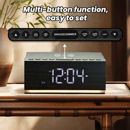 Digital Alarm Clock with Bluetooth, FM Radio, Wireless Charging & Night Light – Dual Alarms, USB Charging, Adjustable Brightness