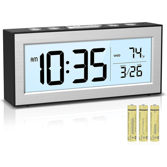 Battery Powered Travel Alarm Clock, Compact LCD Bedside Clock with Snooze, Auto Dimming, 12/24H Format, Temperature Display for Bedroom, Office, or Travel