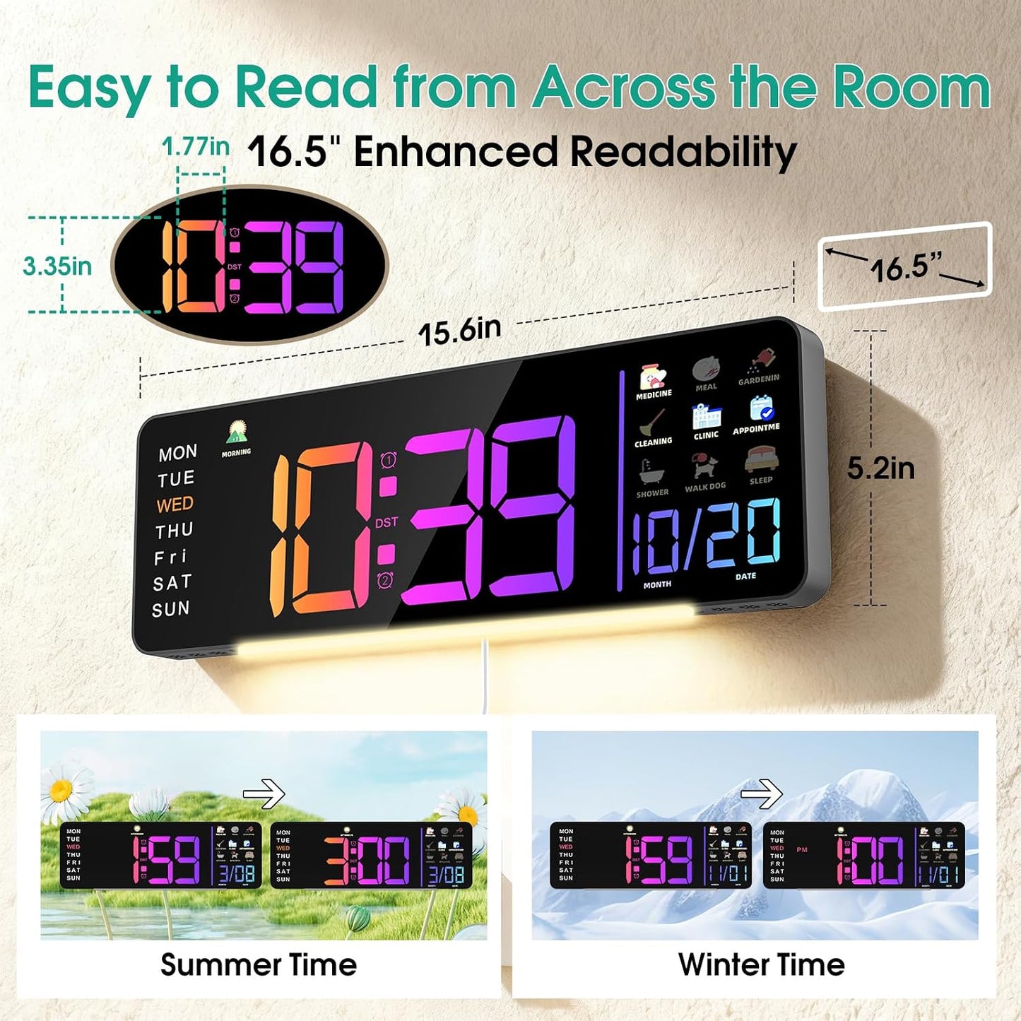 Large LED Calendar Wall Clock