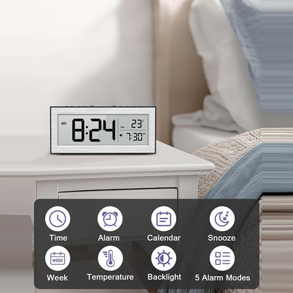 Battery Powered Travel Alarm Clock, Compact LCD Bedside Clock with Snooze, Auto Dimming, 12/24H Format, Temperature Display for Bedroom, Office, or Travel