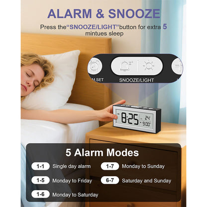 Battery Powered Travel Alarm Clock, Compact LCD Bedside Clock with Snooze, Auto Dimming, 12/24H Format, Temperature Display for Bedroom, Office, or Travel