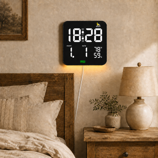 AIKSENT Large Square LED Wall Clock with Time Display, 2 Alarms, DST, Sleep Timer, Auto‑Dimmable Night Light, Indoor Temperature &Humidity Monitor, Ideal for Bedroom, Living Room and Office(USB powered,not battery).